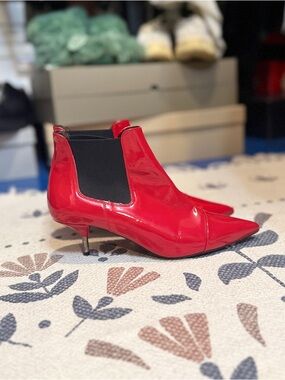 Red Patent Pointed-Toe Chelsea Kitten Heel Booties - Women